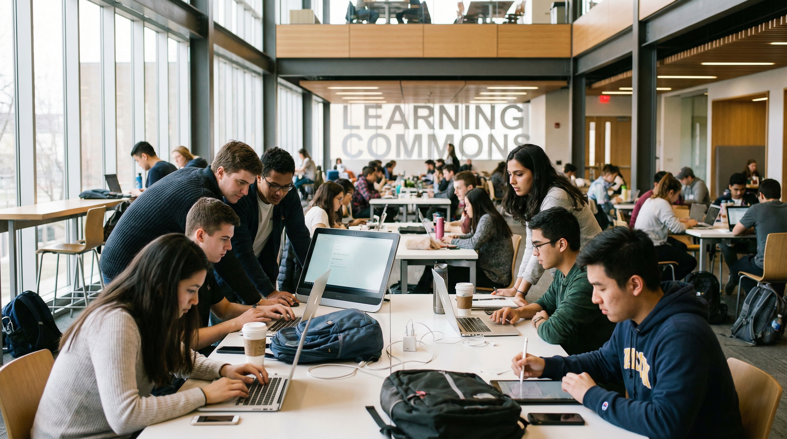Students using digital devices for learning in a modern classroom