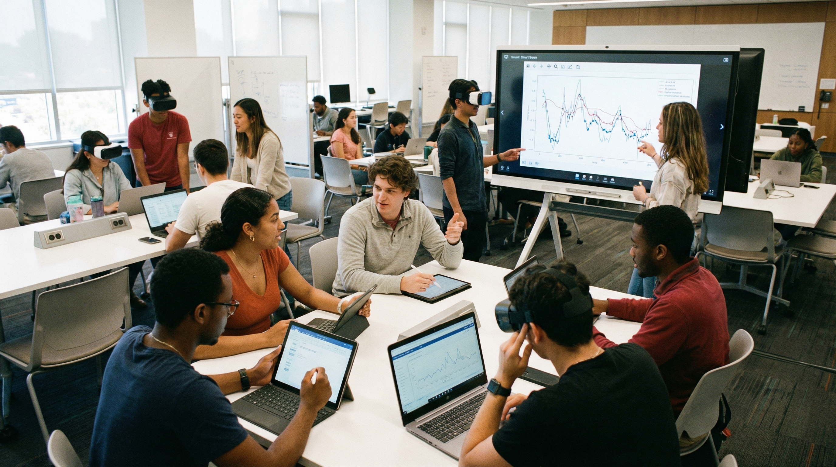 Students using laptops, tablets, and online learning tools