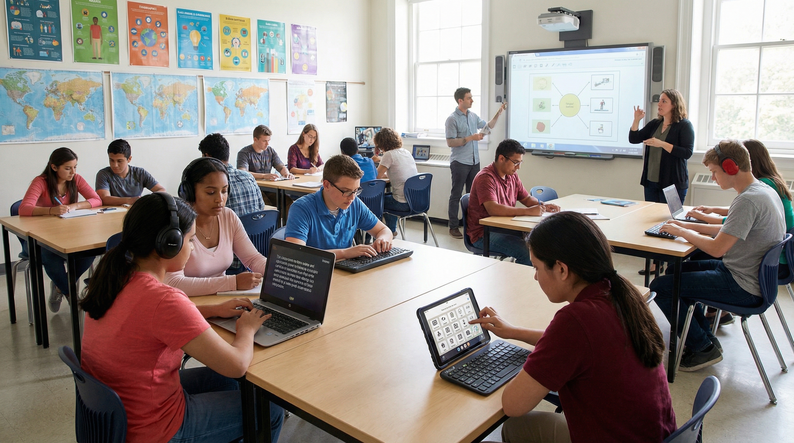 Students using supportive learning tools such as laptops, captions, and accessible resources