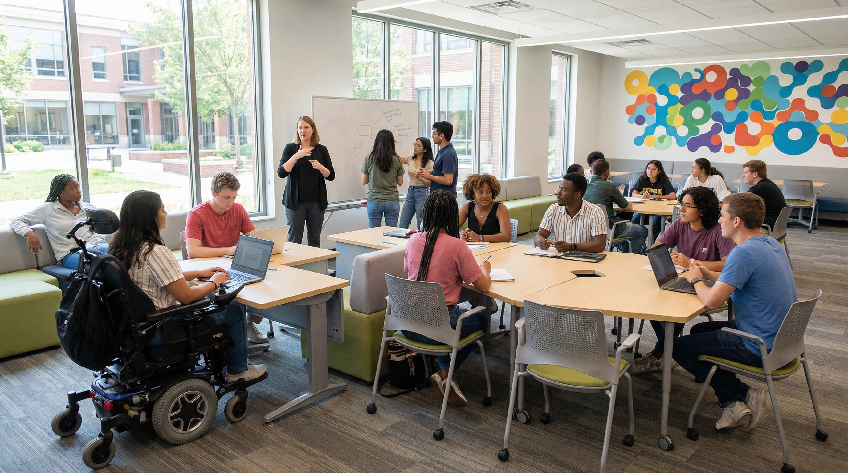 Diverse students learning together in an inclusive classroom